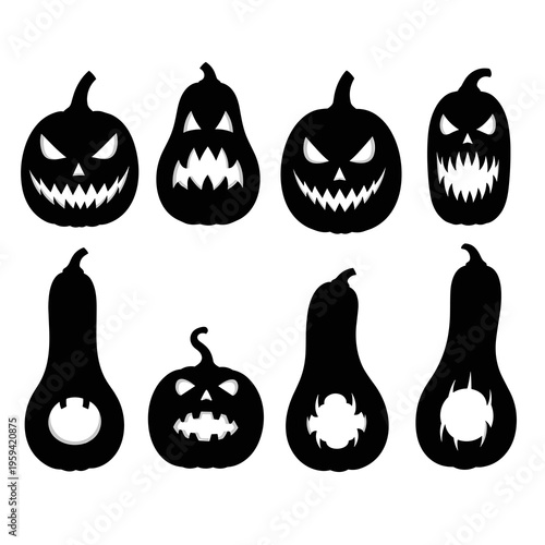 Vector Halloween Pumpkin Silhouettes Collection Isolated on White Background
