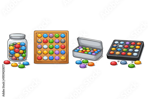 Collection of colorful pop-it fidget toys in various containers and arrangements