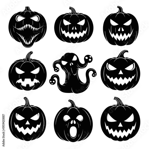 Vector Halloween Pumpkin Silhouettes Collection Isolated on White Background
