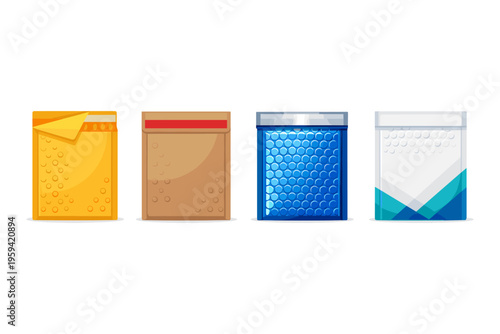 Collection of four different padded envelopes for shipping and packaging
