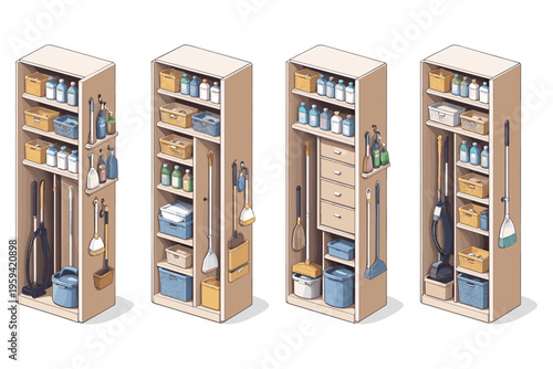 Organized cleaning supplies neatly stored in tall storage cabinets