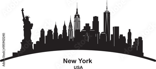 Flat black silhouette New York City skyline with Statue of Liberty Manhattan