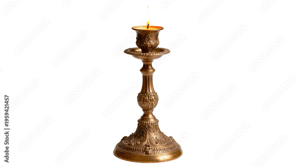 Naklejka premium Antique decorative candlestick with a lit candle flame, elegant and old-fashioned charm
