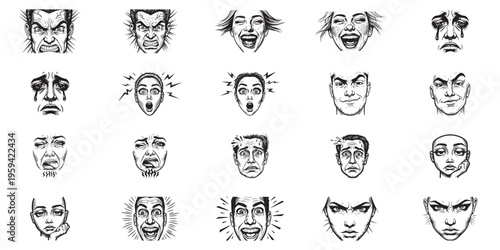 Set of expressive human faces showing different feelings and mood vector illustration