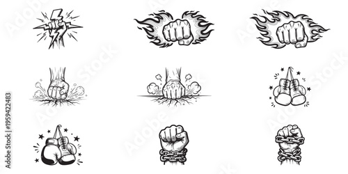 Set of human hands vector illustrations, power concept, resistance and strength design