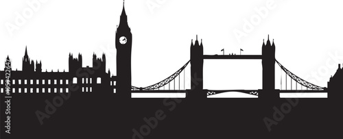 Flat black silhouette of London cityscape with Big Ben and Tower Bridge