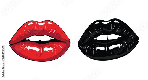Striking vector graphic illustration of vibrant glossy red lips juxtaposed beside dark dramatic black lips
