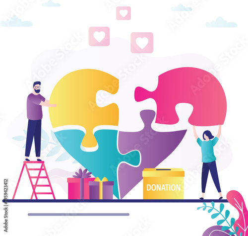 Man and woman collect heart from puzzle pieces. Concept of donation, volunteering and charity