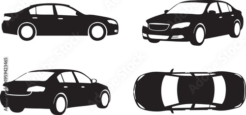 Four black sedan car silhouettes in different views vehicle
