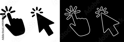 Click tap cursor icons, click arrow icons, outline and solid style, vector illustration eps file
