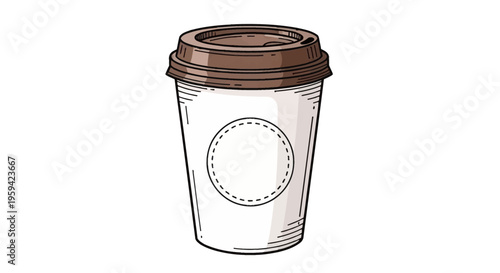 Hand-drawn illustration of a disposable coffee cup with a blank label and brown lid
