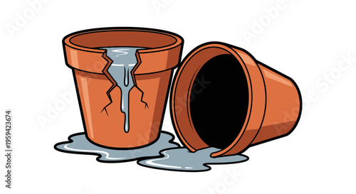 Two cracked terracotta pots with water spilling out.