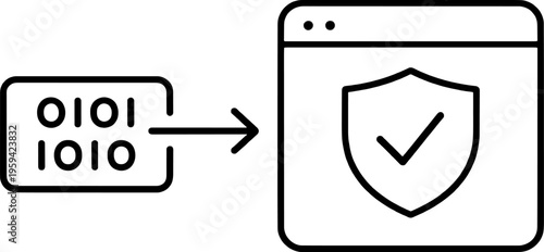 Data Security and Encryption Minimal Line Art Illustration. Secure Binary Data Transfer to Protected Browser Window with Shield and Checkmark. Minimalist Icon.