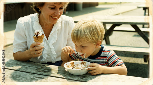 A cheerful 1980s mother shares a sunny afternoon ice cream moment with her young children, captured in warm, nostalgic Kodak film