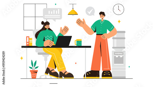 Laptop vector illustration of two colleagues discussing work in office