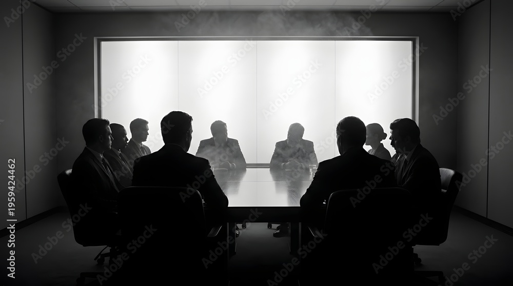 Obraz premium Silhouetted business meeting in a dimly lit conference room