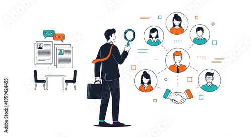 Man with magnifying glass reviews resumes and team connections.