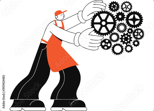 Worker arranging gears, representing system building, engineering, and problem-solving process.