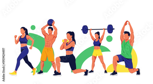 Diverse group of people performing various fitness exercises together.