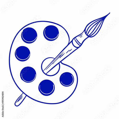 Hand drawn vector illustration of an artist s palette for paints with a brush, doodle art, blue line art