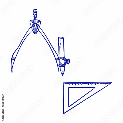 Hand drawn vector illustration of a compass and a ruler triangle. Doodle set, blue line