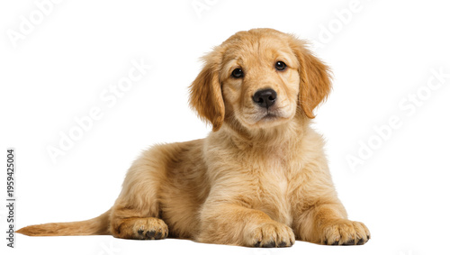 Canvas Print Charming golden retriever puppy dog, furry and friendly, looking directly at vie