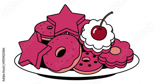 A plate of assorted pink cookies and a cherry topped cookie.