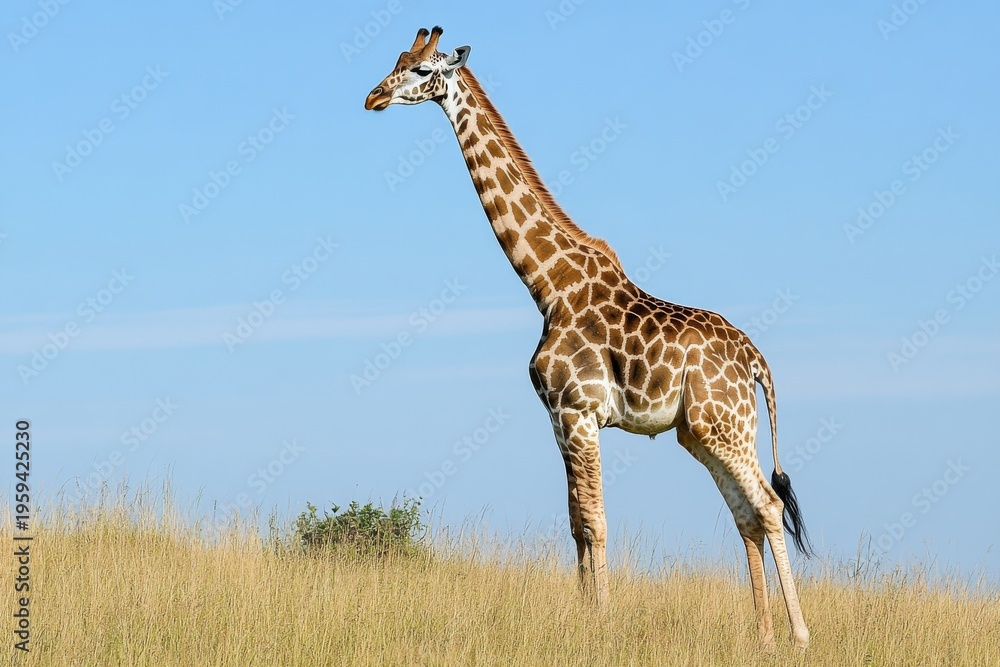 Fototapeta premium Giraffe standing upright alone in a grassy area under a clear blue sky during daylight