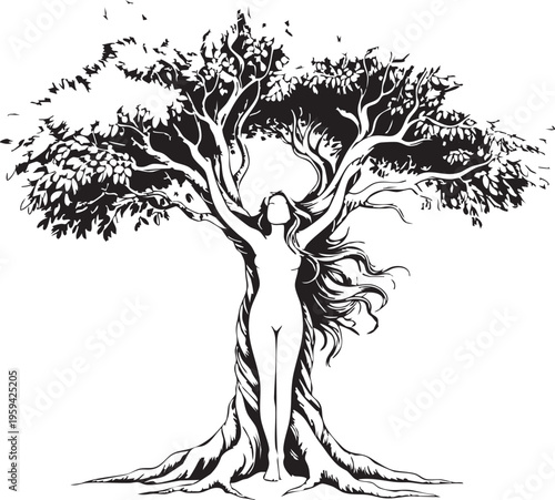 A mystical illustration of a naked woman with long hair embracing a tree, symbolizing unity with nature. This image can be used for environmental or spiritual concepts.