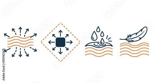 Four graphic icons depicting concepts of elasticity, diffusion, absorption, and lightness