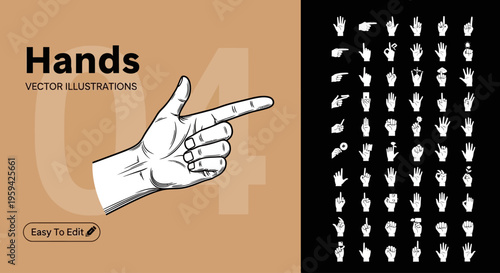 Comprehensive vector illustration set showcasing a diverse range of human hand gestures, signs, and expressive poses for various communication and design needs