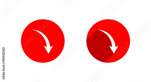 Arrow curve down icon with long shadow. Decline direction symbol. Downward trend sign