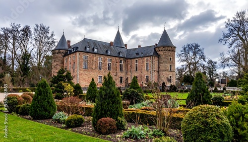 A grand European castle with conical turrets and a red brick facade sits amid meticulously sculpted gardens under a cloudy sky