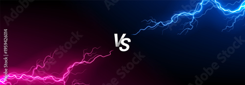 Versus background with thunderstorm effect. VS screen with powerful pink and blue lightning. Bolt energy collision isolated on dark background. Lightning shock versus concept.