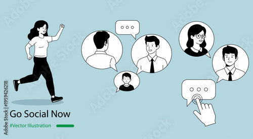 Energetic social networking vector illustration with diverse people, speech bubbles, and digital interaction theme