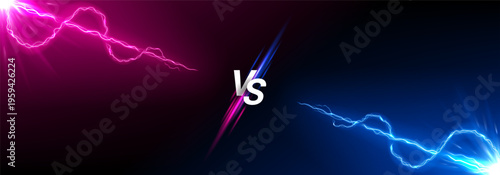 Versus banner with glowing thunderstorm effect. VS screen with glowing bright pink and blue lightning rays. Bolt energy collision isolated on dark background. Lightning shock versus concept.