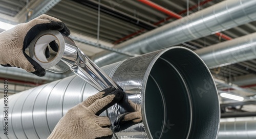 Worker sealing air duct with aluminium tape in industrial setting