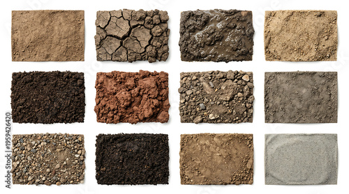 Collection of various soil and earth samples including clay, sand, mud, and gravel on white background.