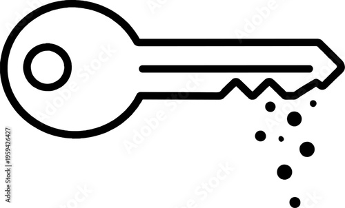 Broken Key Minimal Line Art Illustration, Minimalist Icon Representing Data Loss, Security Failure, or Restricted Access