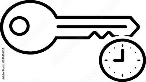 Key and Clock Minimal Line Art Illustration, symbolizing time-sensitive access, deadlines, or time management with a simple, clean vector icon for concepts like urgency, appointment, or key to success