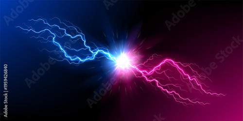 Dynamic pink and blue lightning burst. Energy discharge with bright pink and blue lightning bolts. Vector illustration with dynamic lightning discharge.