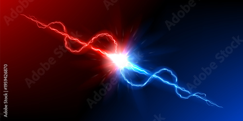 Dynamic red and blue lightning discharge. Powerful dual-energy concept with red and blue lightning bolts and bright energy explosion. Vector illustration. 