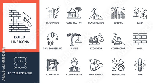 Minimalist outline vector icon collection depicting essential building, renovation, and construction elements, ideal for design projects requiring editable stroke illustrations