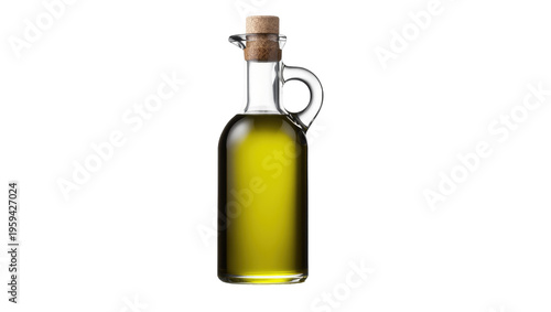 Foto Glass bottle of premium extra virgin olive oil with cork stopper, healthy cookin