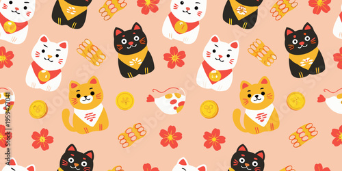 Lucky cats flowers and coins create a vibrant repeating pattern