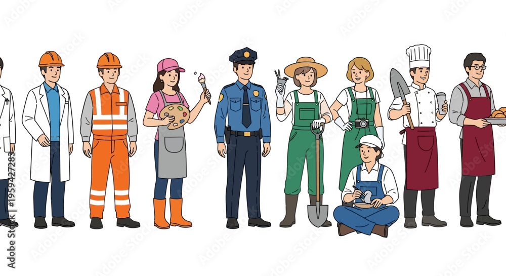 © Malik - A Diverse Group of Professionals in Various Uniforms and Attire Representing Different Occupations and Roles