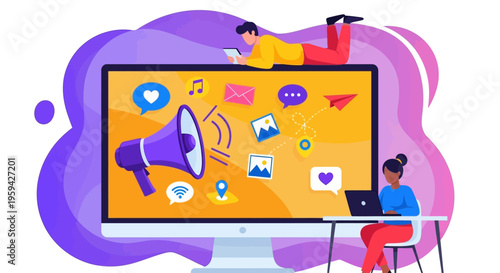 Dynamic digital marketing strategy and content creation on a large monitor, connecting global audiences with online communication tools and analytics