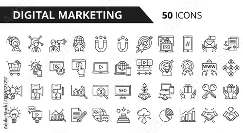 Collection of 50 essential digital marketing icons, including SEO, analytics, and social media symbols