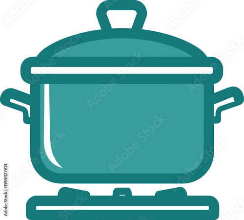 Cooking pot with lid on gas stove burner vector icon in teal blue color flat design for kitchen preparation