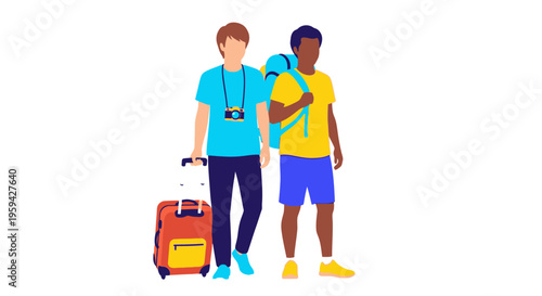 Two young men with backpacks and suitcases walking together, ready for a travel adventure